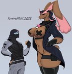 2023 anthro bandanna big_breasts big_butt biped black_clothing breasts brown_body brown_fur butt clothed clothing coat curvy_figure dated dipstick_ears duo eyebrows eyewear female fingerless_gloves fingers front_view fully_clothed fur generation_4_pokemon gloves goggles grey_background grey_clothing hand_in_pocket handwear harness heart_symbol hi_res hourglass_figure human jewelry kerchief larger_anthro larger_female legband legwear long_ears looking_at_another looking_down_at_another lopunny love_ball male male/female mammal mask midriff monotone_body monotone_fur multicolored_ears navel necklace nintendo nipple_tape open_clothing open_coat open_topwear pasties pink_body pink_eyebrows pink_fur pink_nose pockets pokeball pokeball_necklace pokemon pokemon_(species) runawaystride scut_tail shiny_pokemon short_tail signature simple_background size_difference skimpy smaller_human smaller_male smiley_face squish tail tan_body tan_skin tape thick_thighs thigh_highs thigh_squish thighband topwear two_tone_ears