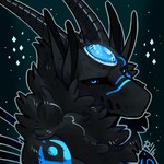 ambiguous_gender anthro arm_markings black_body black_fur black_horn black_sclera blue_eyes blue_markings fur head_gem horn looking_at_viewer markings mouthless ridged_horn solo sparkles 0ct0m0n0 1:1 2016 bust_portrait dated low_res portrait