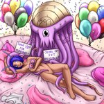 1:1 ambiguous_gender antennae_(anatomy) balloon bed blep blue_eyes blue_hair bobbydando breast_squish breasts brush duo english_text entwined_tails facial_markings fairies_vs_tentacles female furniture genitals hair head_markings hi_res humanoid inflatable markings myri_(fvt) navel nihallaks_(species) nipples nude paintbrush pillow purple_body pussy squish tail tail_coil tailed_humanoid tentacle_creature tentacles text tongue tongue_out zak_(fvt)