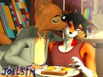 anthro black_hair blush breakfast breakfast_in_bed breasts clothed clothing digit_ring duo female food fur hair jewelry kissing_cheek male male/female necklace oc_x_canon orange_body orange_fur plate ring tail wedding_ring joelsfm dreamworks the_bad_guys diane_foxington canid canine fox mammal 3d_(artwork) digital_media_(artwork) hi_res source_filmmaker_(artwork)