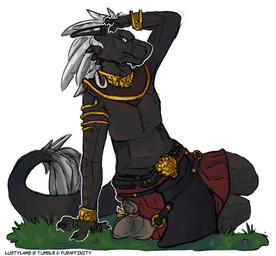 anthro armlet bag black_body black_scales bracelet claws clothed clothing feathers grumpy hand_on_head horn jewelry male scales simple_background solo tail tail_tuft topless tuft white_background conditional_dnp lustylamb bethesda_game_studios microsoft skyrim the_elder_scrolls sabaoth argonian reptile scalie