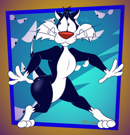 3_toes 4_fingers anthro belly bent_leg big_butt biped black_body black_eyes black_fur bodily_fluids butt cheek_tuft curved_horn curvy_figure dipstick_tail disembodied_eyes erect_tail facial_tuft feet fingers fur glance glistening glistening_butt gloves_(marking) head_tuft horn humanoid_hands humanoid_heel knock-kneed leg_markings male markings nervous nervous_sweat nude plantigrade pose raised_heel raised_tail red_nose scared slightly_chubby slightly_chubby_anthro slightly_chubby_male socks_(marking) solo standing_on_toes surrounded sweat sweatdrop tail tail_markings tiptoes toes tuft wavy_mouth whisker_spots whiskers white_belly white_body white_feet white_fur white_hands white_sclera white_tail_tip wide_hips gavanzude looney_tunes warner_brothers sylvester_(looney_tunes) domestic_cat felid feline felis mammal tuxedo_cat 2026 alternate_version_at_paywall colored digital_drawing_(artwork) digital_media_(artwork) flat_colors hi_res pinup signature