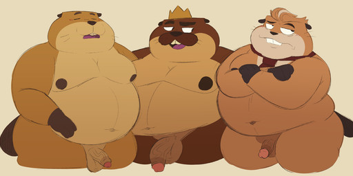 anthro balls belly big_belly brown_body crown flaccid genitals glans group headgear humanoid_genitalia humanoid_penis king male male/male moobs nipples obese overweight overweight_male penis penis_size_difference royalty scarf simple_background standing vein veiny_penis anukkyt disney hoppers_(disney) pixar jerry_generazzo king_george_(hoppers) loaf_(hoppers) beaver mammal rodent 2026 hi_res