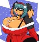 anthro big_breasts breasts bulging_breasts candy candy_cane christmas_clothing cleavage cleavage_overflow clothed clothing dessert eyewear female food glasses hair holidays huge_breasts snow solo jwinkz christmas zoey_(jwinkz) canid canine canis domestic_dog mammal hi_res