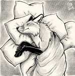 ambiguous_gender bedding black_nose blanket claws detailed_fur eyes_closed fangs feral fur inner_ear_fluff lying on_side paws pillow sleeping smile solo teeth tuft whiskers kippycube canid canine fox mammal 2018 detailed digital_media_(artwork) greyscale hi_res monochrome