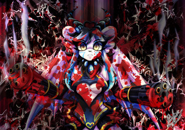 amber_eyes anthro black_hair blank_expression blood blue_markings bodily_fluids clothed clothing female gatling_gun gem gun gun_arm gun_smoke hair horn machine_gun markings minigun multicolored_hair neck_tuft partially_clothed ranged_weapon round_ears smoke smoking_gun solo stare topwear tuft two_tone_hair weapon weapon_arm white_body wings yukariasano velatis_ferio_caedo unknown_species