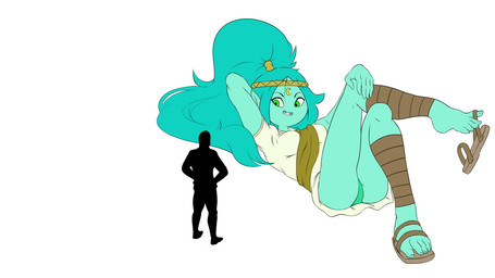 accessory bandage bandaged_leg buckteeth clothed clothing crossed_legs duo feet female footwear green_body green_eyes green_hair green_skin hair headband humanoid_pointy_ears loose_footwear lying macro monster_girl_(genre) noseless not_furry on_back panties pointy_ears sandals shoe_dangle shoes simple_background size_difference solo_focus teeth underwear upskirt white_background plagueofgripes adventure_time cartoon_network anon canyon_(adventure_time) human humanoid mammal 16:9 2015 absurd_res hi_res widescreen