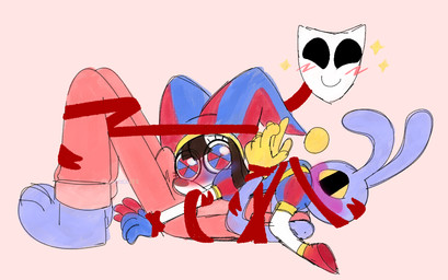 anthro big_pupils blush blushing_profusely bound bound_together bulge bulge_in_face bulge_through_clothing butt_in_face clothed clothing detailed_bulge dilated_pupils duo erection erection_under_clothing female forced_bondage fully_clothed genital_outline group hands_tied male male/female mask penis_outline pupils size_difference tenting trio chimeracocks glitch_productions the_amazing_digital_circus gangle_(tadc) jax_(tadc) pomni_(tadc) animate_inanimate humanoid lagomorph leporid living_mask mammal rabbit hi_res