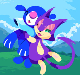 ambiguous_gender anthro blue_body cloud duo eyes_closed fangs feral fur green_eyes hug looking_at_viewer markings one_eye_closed open_mouth pawpads plant purple_body purple_fur shrub sky tail teeth tongue whisker_markings sleepy_sealion nintendo pokemon felid feline generation_5_pokemon generation_7_pokemon mammal pokemon_(species) popplio purrloin 2026 absurd_res dated hi_res signature