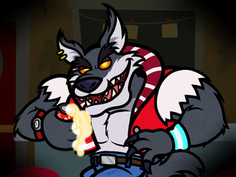 4_fingers alternate_species anthro arm_tuft arms_bent belt belt_buckle beverage big_nose black_body black_eyebrows black_fur black_tail blue_bottomwear blue_claws blue_clothing blue_nose blue_pants blue_wristband bottomwear brown_belt buckle claws clock clothed clothing doorway ear_piercing ear_ring elbow_tuft eyebrows fingers fluffy fluffy_tail fur furniture gold_(metal) gold_ear_ring grey_body grey_fur grey_inner_ear holding_beverage holding_object holidays inside jacket leaning_on_counter lidded_eyes light looking_at_viewer male male_anthro muscular muscular_anthro muscular_male note open_clothing open_jacket open_mouth open_smile open_topwear orange_eyes orange_pupils orange_sclera pants pecs piercing pink_tongue pupils red_clothing red_jacket red_topwear ring_piercing sharp_teeth smile smiling_at_viewer solo stool tail teeth thick_eyebrows tongue topwear torn_sleeves tuft vignette watch wristwatch yellow_pupils yellow_wall captainquack64 activision crash_bandicoot_(series) halloween mythology tiny_tiger werewolf_tiny_tiger canid canine hybrid mammal mythological_canine mythological_creature werecanid werecanine werecreature werewolf 2025 colored digital_drawing_(artwork) digital_media_(artwork) english_description half-length_portrait hi_res lighting portrait