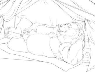 5_fingers 5_toes anthro bedding belly big_belly biped blanket camping_tent claws crotch_tuft detailed_background eyebrows featureless_crotch feet finger_claws fingers fluffy fur furniture hair hand_behind_head hand_behind_own_head hand_on_belly handpaw inside_tent looking_at_viewer lying male male_anthro mane mane_hair nude nude_anthro nude_male on_back on_ground on_pillow open_mouth overweight overweight_anthro overweight_male paws pillow plantigrade rear_view sharp_teeth short_ears short_fur slightly_chubby slightly_chubby_anthro slightly_chubby_male small_ears snout solo teeth tent three-quarter_view toe_claws toes tongue tuft ursine_ears chubchow kuruk_(character) bear brown_bear grizzly_bear mammal ursidae ursine 2026 absurd_res digital_drawing_(artwork) digital_media_(artwork) hi_res monochrome sketch