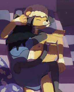 anthro bed bedroom clothed clothed_female clothing duo female fur furniture hair hug male male/female male_underwear simple_background sleeping sleeping_together tail yellow_body stoneonamoss docki looma canid canine canis domestic_cat domestic_dog felid feline felis mammal absurd_res digital_media_(artwork) hi_res