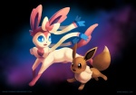 accessory ambiguous_gender black_background blue_eyes bow_ribbon brown_eyes duo feral hair_accessory hair_bow hair_ribbon open_mouth ribbons running simple_background smile tongue arkeis-pokemon nintendo pokemon canid canine eevee eeveelution generation_1_pokemon generation_6_pokemon mammal pokemon_(species) sylveon digital_media_(artwork)