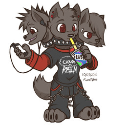 3_heads 3_toes 4_fingers anthro black_collar bottomwear chain clothed clothing collar ear_piercing electronics facial_piercing feet female fingers flat_chested food headphones multi_head pants phone piercing red_eyes shirt solo studded_collar studs text toes topwear young young_anthro fuzzt0ne european_mythology greek_mythology mythology canid canid_demon canine canis cerberus demon hellhound mammal mythological_canine mythological_creature 1:1 2016 english_text
