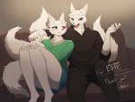 2_tails anthro biped blue_eyes clothed clothing duo female fur heart_symbol heterochromia male multi_tail open_mouth red_eyes sitting smile tail white_body white_fur baburusushi canid mammal 4:3 hi_res