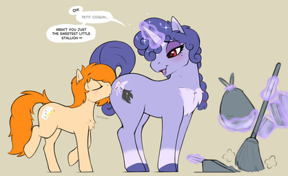 blush cutie_mark dialogue duo eyelashes feral hair hooves horn kiss_on_butt kissing male orange_hair pupils purple_body purple_hair quadruped red_eyes size_difference smaller_male smile speech_bubble tail text denzeltip hasbro my_little_pony mythology beau_dandy equid equine mammal mythological_creature mythological_equine unicorn absurd_res english_text hi_res