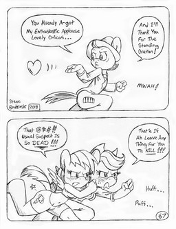 anthro back_wings blowing_kiss blush blush_lines breath clothed clothed_anthro clothed_female clothed_male clothing cowboy_hat cowboy_outfit cutie_mark dialogue female floating_heart fully_clothed fully_clothed_anthro fully_clothed_female fully_clothed_male group hat headgear headwear heart_symbol male pain panting running speech_bubble text trio wings circe_(artist) friendship_is_magic hasbro my_little_pony mythology applejack_(mlp) chico_marx marx_brothers rainbow_dash_(mlp) earth_pony equid equine horse mammal mythological_creature mythological_equine pegasus pony black_and_white comic english_text monochrome traditional_media_(artwork)