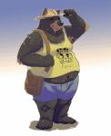 anthro belly black_body black_fur bottomwear clothing eyes_closed fur hat headgear headwear humanoid_hands male navel overweight overweight_anthro overweight_male shirt shorts solo straw_hat topwear spazz_bear bear domestic_pig mammal suid suina sus_(pig) 2018 hi_res