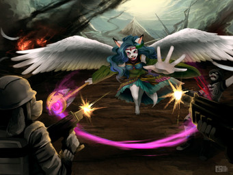 anthro attack clothed clothing feathered_wings feathers female group gun magic military outside ranged_weapon rifle soldier staff warrior weapon wings rekuuhh angel felid hybrid mammal 4:3