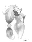 anthro breasts butt female hair looking_at_viewer looking_back looking_back_at_viewer nipples nude simple_background smile solo white_background cryorabbit nintendo pokemon generation_5_pokemon pokemon_(species) zoroark 2022 digital_media_(artwork) hi_res monochrome