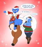 antlers bell big_breasts blue_body blue_fur boots breasts christmas_clothing christmas_headwear clothing coat dress female footwear fur garter_belt garter_straps gloves group hair handwear hat headgear headwear holidays horn huge_breasts laces legwear red_nose reindeer_costume sack santa_hat shoes stockings text thick_thighs topwear white_hair averyshadydolphin christmas kitty_(averyshadydolphin) mona_(averyshadydolphin) sonya_(averyshadydolphin) domestic_cat felid feline felis mammal english_text hi_res