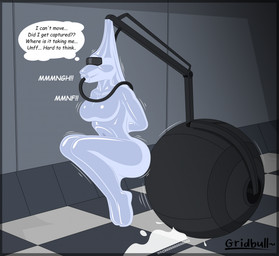 ambiguous_gender anthro arms_tied big_breasts bound breasts captured duo encasement female hose latex machine mind_control science_fiction text thought_bubble visor white_latex gridbull arc_raiders mythology roxanne_doll canid canid_demon canine demon hellhound mammal mythological_canine mythological_creature robot surveyor_(arc_raiders) 2026 english_text hi_res