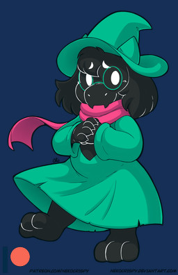 3_toes ambiguous_gender anthro barefoot belly biped black_body black_fur clothing dot_eyes ear_tuft eyewear fangs feet fur glasses hands_together hat headgear headwear horn looking_at_viewer robe scarf simple_background simple_eyes smile solo teeth toes tuft white_background white_eyes witch_hat nekocrispy deltarune undertale_(series) ralsei bovid caprine darkner goat mammal hi_res