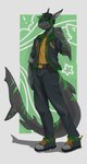 anthro belt big_ears bottomwear cellphone clothed clothing electronics green_hair hair hoodie male pants phone shark_tail shirt showing_teeth simple_background smartphone smile solo tail teeth topwear white_background yellow_clothing yellow_shirt yellow_topwear spice_goblin falcore_rigo fish marine shark absurd_res digital_media_(artwork) hi_res