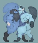 anthro biceps black_body black_ears black_feet black_fur black_hands black_nose blue_background blue_body blue_fur butt duo eye_contact feet fist frowning_at_partner fur hand_on_partner's_back hand_on_partner's_neck holding_each_other hug looking_at_another male male/male multicolored_body multicolored_fur muscular muscular_anthro muscular_male overalls_only pecs simple_background smirking_at_partner tail thick_tail thick_thighs two_tone_body two_tone_fur dalemdaury622 nintendo pokemon eddie_(daviddarient203) mauler_(daviddarient203) dewott generation_4_pokemon generation_5_pokemon mammal mustelid pokemon_(species) riolu hi_res