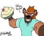 anthro biceps brown_body brown_fur brown_hair brown_spots dialogue evil_grin fur hair looking_at_viewer male markings muscular muscular_anthro muscular_male pie_(food) pink_eyes simple_background smile solo spots spotted_body spotted_fur talking_to_viewer teeth text white_background doritohead duilio_costello hyena mammal spotted_hyena 2019 artist_name digital_media_(artwork) english_text hi_res signature