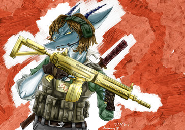 anthro assault_rifle belt blue_body brown_hair bulletproof_vest clothing electronics female gloves gun hair handwear headphones horn katana melee_weapon military_clothing ranged_weapon rifle solo suit sword warzone weapon aquamarinecd activision call_of_duty mythology dragon mythological_creature mythological_scalie scalie absurd_res hi_res