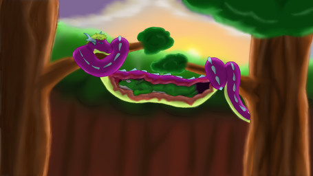 anthro blue_horn duo feral forest green_body horn light male male/male plant purple_body sleeping sleeping_together soft_vore sunlight sunset tree vore willing_pred willing_prey jasper_gale jlg stormrise canid canine fox hybrid mammal reptile scalie snake 16:9 4k absurd_res hi_res widescreen