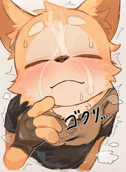 anthro black_clothing black_shirt black_topwear bodily_fluids clothing cum cum_in_mouth cum_inside cum_on_face drinking drinking_cum eyes_closed fingerless_gloves genital_fluids gloves handwear kemono male shaking shirt solo text topwear trembling young young_anthro young_male kemo_ka_nya canid canine canis domestic_dog mammal 2026 hi_res japanese_text translation_request