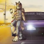 anthro car cellphone clothed clothing collar electronics fur male outside phone solo standing vehicle bishkah291ax48 nissan canid canine mammal 1:1 digital_media_(artwork) shaded