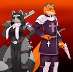 anthro armor belt big_breasts blackbetty breasts canid canine clothed clothing duo female fox franciene_(tango's_family) fur gun hair hi_res lewis_gunn looking_at_viewer male mammal nun procyonid raccoon ranged_weapon simple_background tail thick_thighs weapon