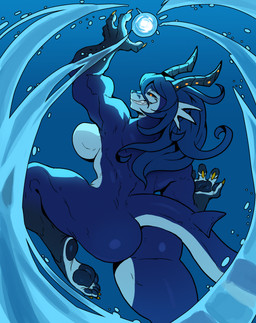 alternate_form anthro back_muscles biceps big_breasts big_butt black_sclera blue_background blue_body blue_fur blue_hair breasts butt colored_nails elemental_manipulation feet female fin fur glowing glowing_eyes hair head_fin horn humanoid_feet humanoid_hands long_hair looking_back nails non-mammal_breasts nude pawpads plantigrade plantigrade_pawpads pose side_boob simple_background soles solo thick_thighs toothy_grin water water_manipulation wide_hips yellow_eyes yellow_nails ceehaz elancia_chronicles verse_mcdowell aquatic canid canine fish fox hybrid mammal shark 2025 hi_res trans_(lore) trans_woman_(lore)