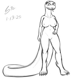 4_toes 5_fingers anthro big_breasts big_tail breasts claws digitigrade eyelashes feet female female_anthro fingers forked_tongue front_view genitals hand_on_hip huge_breasts humanoid_hands long_neck long_tail looking_at_viewer navel nipples non-mammal_breasts non-mammal_navel non-mammal_nipples nude pupils simple_background slit_pupils smile smiling_at_viewer snout solo standing tail thick_tail thick_thighs toe_claws toes tongue tongue_out vulva wide_hips spe ball_python python reptile scalie snake 1:1 2025 absurd_res black_and_white dated digital_drawing_(artwork) digital_media_(artwork) hi_res monochrome signature sketch sketchbook_(artwork)