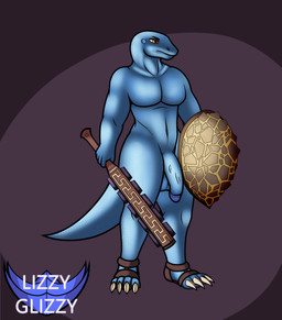 anthro balls biped blue_balls blue_body blue_penis blue_scales blue_tail brown_clothing claws clothing flaccid genitals glans holding_melee_weapon holding_object holding_shield holding_sword holding_weapon humanoid_genitalia humanoid_penis male melee_weapon orange_eyes penis scales shield solo sword tail weapon white_claws lizzyglizzy lizard reptile scalie 2023 absurd_res digital_drawing_(artwork) digital_media_(artwork) hi_res watermark