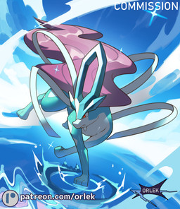 ambiguous_gender blue_body blue_legs blue_sky cloud digitigrade feral hair mane mane_hair purple_hair purple_mane quadruped sky solo text water white_body orlek nintendo pokemon generation_2_pokemon legendary_pokemon pokemon_(species) suicune english_text url