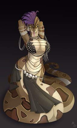 anthro apode belly_dancer_outfit big_breasts biped black_bottomwear black_clothing black_eyes black_loincloth bottomwear breasts brown_body brown_scales brown_spots cleavage clothed clothing countershade_face countershade_scales countershade_torso countershading female forked_tongue front_view hair hands_behind_head jewelry legless loincloth looking_at_viewer markings mohawk multicolored_body multicolored_scales navel necklace purple_hair scales serpentine simple_background skimpy skull_accessory solo spikes spots spotted_body spotted_scales tan_body tan_countershading tan_scales tongue two_tone_body two_tone_scales yellow_sclera fuf draconcopode naga reptile scalie snake 2018 hi_res