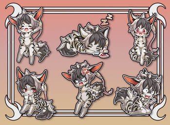 anthro black_body black_fur black_stripes black_tail chibi empty_eyes eyes_closed fluffy fluffy_tail fur glistening glistening_eyes grey_hair grey_tail hair male markings multicolored_hair open_mouth red_eyes red_inner_ear simple_background solo striped_arms striped_legs striped_markings striped_tail stripes tail tail_markings two_tone_hair unsigned white_body white_fur white_hair white_tail vesper_art multiple_images
