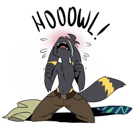 anthro belt black_body blush blush_lines bodily_fluids bottomwear clothing crying ear_pull harmony_scarf howl male open_mouth pants pokeball_symbol shirtless shirtless_male simple_background solo tears white_background odeko-yma nintendo pokemon lucky_(odeko-yma) eeveelution generation_2_pokemon pokemon_(species) umbreon 2026 digital_media_(artwork) hi_res