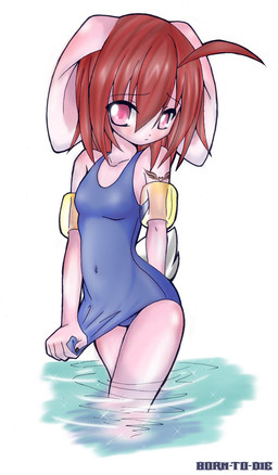 5_fingers ahoge anthro arm_tattoo big_ears big_eyes biped black_fingernails black_nails blue_clothing blue_swimwear breasts clothed clothed_anthro clothed_female clothing clothing_pull colored_nails dipstick_ears ear_markings ears_down eyebrow_through_hair eyebrows female female_anthro fingernails fingers hair hair_between_eyes inflatable inflatable_armbands mouth_closed multicolored_ears nails navel_outline one-piece_swimsuit partially_submerged pink_body pink_eyes pivoted_ears pool_float red_hair school_swimsuit scut_tail short_tail shy simple_background slim slim_anthro slim_female small_breasts solo swimwear tail tattoo text translucent translucent_hair water white_background white_ear_tips white_tail born-to-die ari_(btd) lagomorph leporid mammal rabbit artist_name hi_res portrait three-quarter_portrait