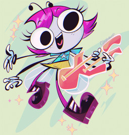 4_arms antennae_(anatomy) anthro big_eyes blue_clothing blue_shirt blue_topwear boots bottomwear clothing double-neck_guitar electric_guitar female footwear freckled_face freckles gloves green_background grey_body grey_skin guitar hair handwear insect_wings multi_arm multi_limb musical_instrument orange_bottomwear orange_clothing orange_skirt pink_clothing pink_footwear pink_hair pink_socks plucked_string_instrument purple_boots purple_clothing purple_footwear red_guitar shirt shoes simple_background skirt socks solo string_instrument t-shirt text topwear white_clothing white_gloves white_handwear wings catinyt disney the_buzz_on_maggie maggie_pesky arthropod fly_(animal) insect 2025 absurd_res dated hi_res signature