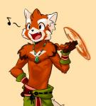 anthro braided_hair clothed clothing cute_fangs fangs hair hand_on_hip jewelry male musical_note musical_symbol open_mouth pendant simple_background slim smile solo standing symbol teeth topless touching_hair twirling_hair chirenbo mao_(chirenbo) ailurid mammal red_panda