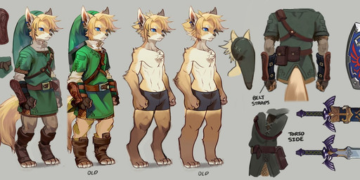 alternate_species anthro barefoot belt blonde_hair blue_eyes bottomwear clothing ear_piercing ear_ring feet fingerless_gloves footwear fur furrification gloves hair handwear hat headgear headwear male master_sword melee_weapon piercing ring_piercing shield shorts simple_background solo sword text tuft weapon uzucake nintendo the_legend_of_zelda link canid canine fox mammal 2020 english_text hi_res model_sheet