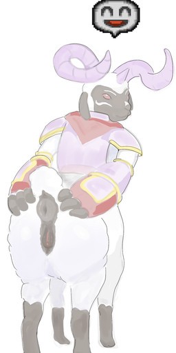 anus armor clothing female fur gauntlets genitals gloves handwear happy horn presenting puffy_anus red_eyes solo vulva white_body white_fur white_wool wool_(fur) 4chan_anon unknown_artist bandai_namco digimon bovid bovid_taur caprine caprine_taur digimon_(species) goat mammal mammal_taur pajiramon sheep sheep_taur taur 2025 digital_media_(artwork) full-length_portrait hi_res portrait