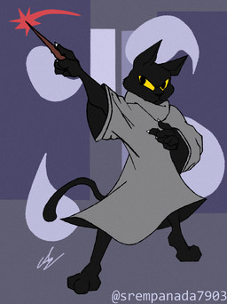 ambiguous_gender anthro black_body black_fur clothed clothing fur grey_clothing magic magic_wand robe simple_background solo stick sr_empanada google google_doodle magic_cat_academy momo_(google) domestic_cat felid feline felis ghost mammal spirit