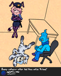 1_eye 2_toes 3_toes 4_fingers accessory anthro badge barefoot belt biped black_belt black_eyebrows black_eyes black_necktie black_sclera blue_body blue_bottomwear blue_clothing blue_fire blue_hat blue_headwear blue_pants blue_scarf blue_shirt blue_skirt blue_topwear bodily_fluids bottomwear chair clasped_hands closed_frown clothed clothed_anthro clothed_female clothed_humanoid clothed_male clothing colored_fire crossed_arms crossed_legs crying digitigrade exoskeleton eyebrows eyelashes feet female female_anthro fingers fire footwear frown fur furniture grey_body grey_ears grey_fur group hair hair_over_eye hat headgear headwear inside leaning leaning_against_wall leaning_backward long_hair long_sleeves looking_down looking_down_at_another lying male male_anthro male_humanoid mouth_closed multicolored_body multicolored_ears multicolored_fur necktie nude nude_anthro nude_male office_chair on_front pants police police_baton police_hat police_officer police_uniform pupils purple_body purple_clothing purple_exoskeleton purple_eyes purple_footwear purple_hair purple_shoes purple_tail rolled_up_sleeves scarf shirt shoes sitting skirt table tail tears text toes topwear trio two_tone_body two_tone_ears two_tone_fur uniform white_body white_ears white_fur white_tail white_text soulcentinel centry_(soulcentinel) violet_echo waketab_(waketab) arthropod elemental_creature elemental_humanoid fire_creature fire_humanoid humanoid insect lagomorph leporid mammal morsectuum rabbit 2026 english_text handwritten_text