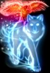 ambiguous_gender duo feral fire glowing light spiritual symbolism hashire accipitrid accipitriform avian bird canid canine canis ghost mammal spirit wolf absurd_res hi_res